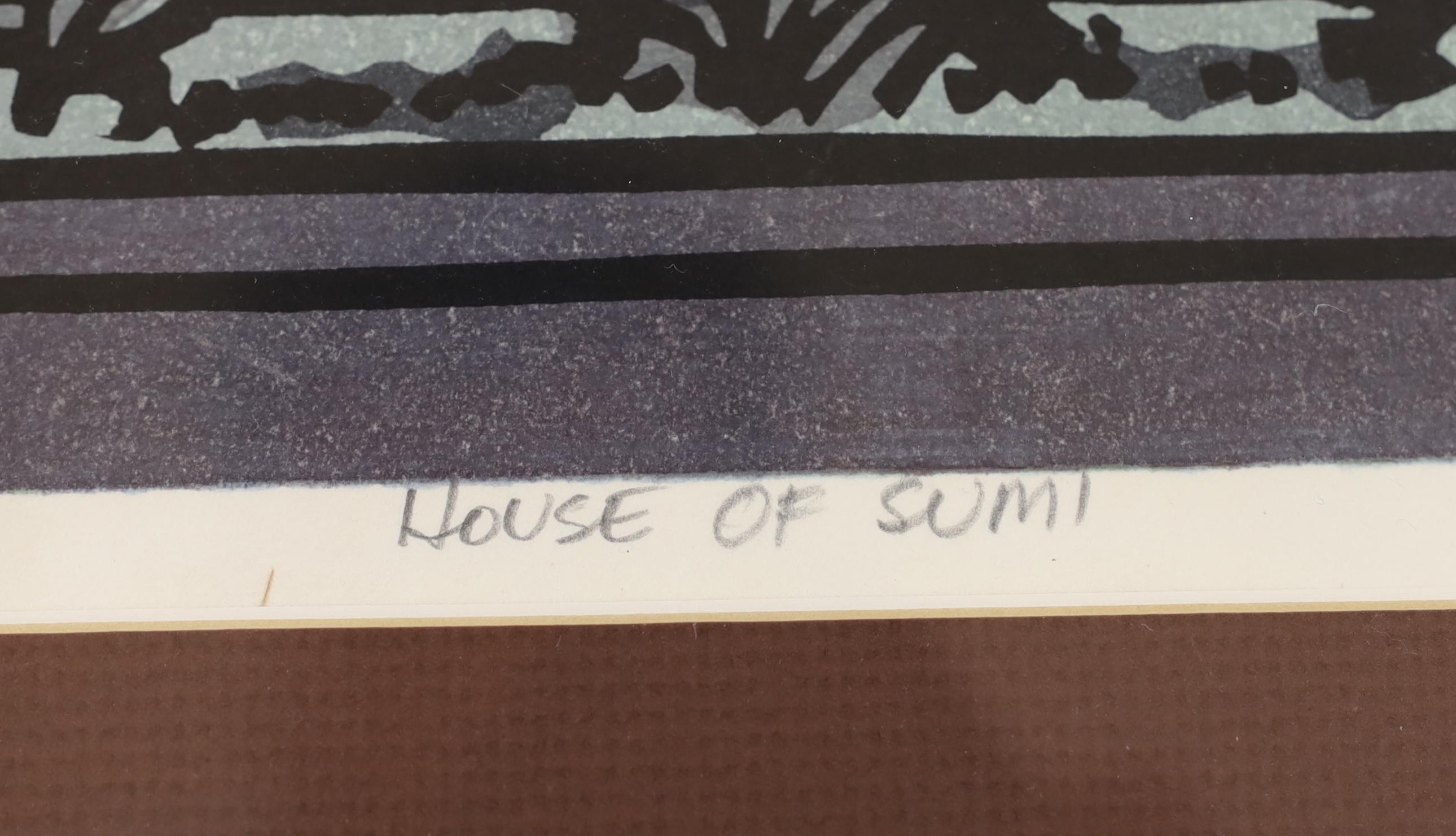 Clifton Karhu (American, 1927-2007) colour woodblock print, 'House of Sumi', signed in pencil, limited edition 63/100, Hong Kong Gallery label verso, 62 x 42cm